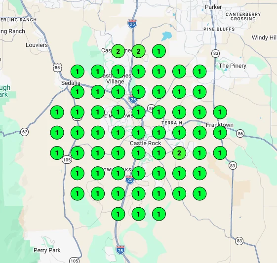 LeadSnap rank map after: every pin across Castle Rock is green, ranked 1 or 2